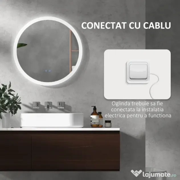 kleankin Oglindă de Baie cu Lumină LED Reglabilă, Întrerupător Tactil, și Funcție de Memorie, Ø60x3 cm, Transparent | Aosom Romania