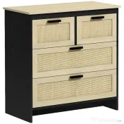 HOMCOM Comodă 4 Sertare, Mobilier Sufragerie/Dormitor, PAL și Ratan, 80x38x80cm, Negru/Lemn Natural | Aosom Romania 