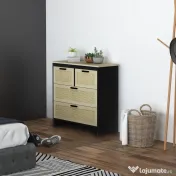 HOMCOM Comodă 4 Sertare, Mobilier Sufragerie/Dormitor, PAL și Ratan, 80x38x80cm, Negru/Lemn Natural | Aosom Romania 