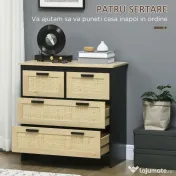 HOMCOM Comodă 4 Sertare, Mobilier Sufragerie/Dormitor, PAL și Ratan, 80x38x80cm, Negru/Lemn Natural | Aosom Romania 