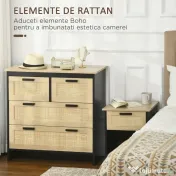 HOMCOM Comodă 4 Sertare, Mobilier Sufragerie/Dormitor, PAL și Ratan, 80x38x80cm, Negru/Lemn Natural | Aosom Romania 