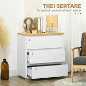 HOMCOM Comodă cu 3 Sertare din PAL Alb pentru Dormitor, Birou și Living, 70Lx37x75cm