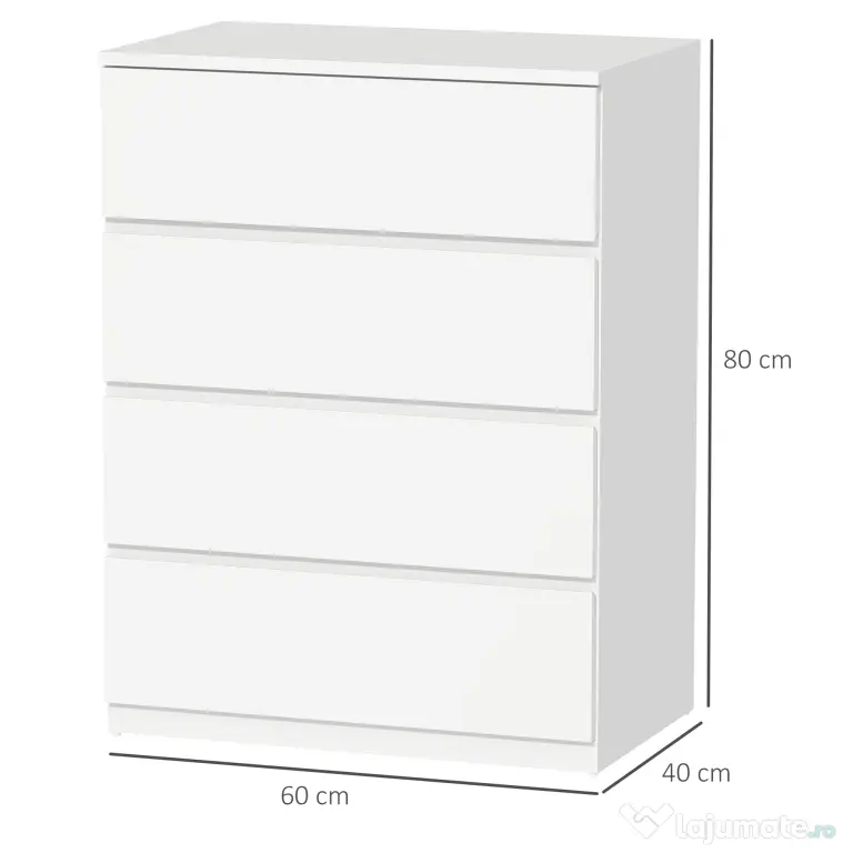 HOMCOM Comodă cu 4 Sertare, Organizator de Depozitare cu Ghidaje Metalice și Mânere cu Caneluri, 60x40x80 cm, Alb | Aosom Romania