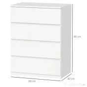HOMCOM Comodă cu 4 Sertare, Organizator de Depozitare cu Ghidaje Metalice și Mânere cu Caneluri, 60x40x80 cm, Alb | Aosom Romania 