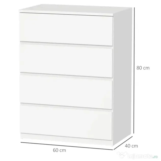 HOMCOM Comodă cu 4 Sertare, Organizator de Depozitare cu Ghidaje Metalice și Mânere cu Caneluri, 60x40x80 cm, Alb | Aosom Romania
