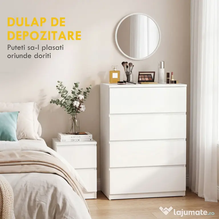 HOMCOM Comodă cu 4 Sertare, Organizator de Depozitare cu Ghidaje Metalice și Mânere cu Caneluri, 60x40x80 cm, Alb | Aosom Romania