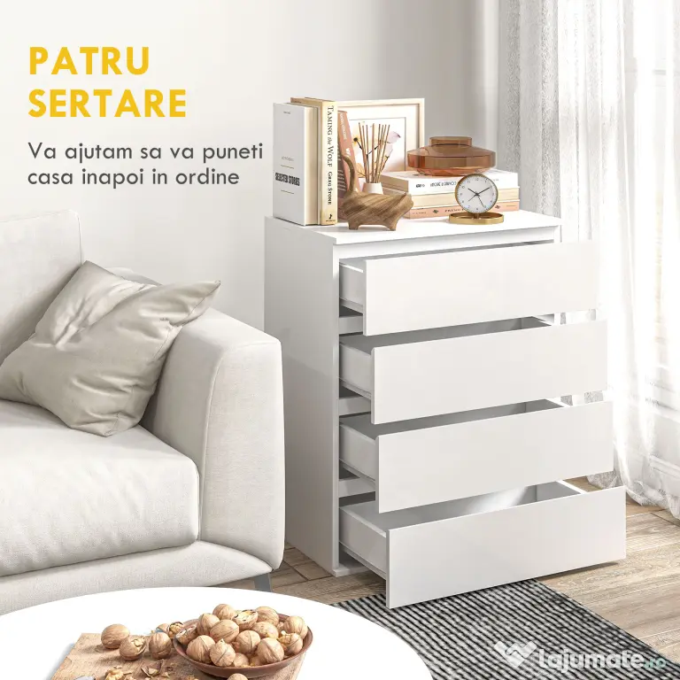 HOMCOM Comodă cu 4 Sertare, Organizator de Depozitare cu Ghidaje Metalice și Mânere cu Caneluri, 60x40x80 cm, Alb | Aosom Romania