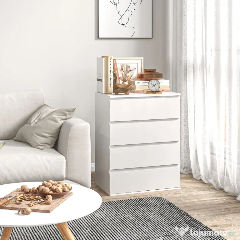 HOMCOM Comodă cu 4 Sertare, Organizator de Depozitare cu Ghidaje Metalice și Mânere cu Caneluri, 60x40x80 cm, Alb | Aosom Romania