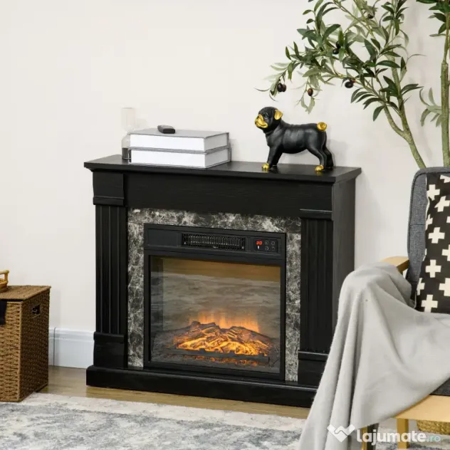 HOMCOM Semineu Electric care se Amplaseaza pe Podea cu Temporizator, Flacara Realista si Temperatura Reglabila, din Metal, ABS si PAL, 80x21.6x67.8 cm, Negru