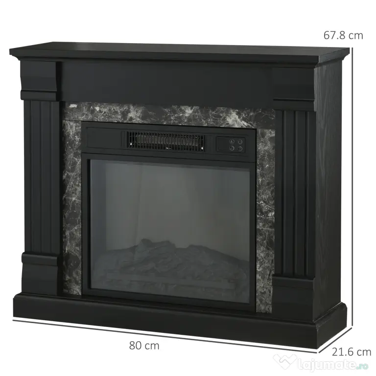 HOMCOM Semineu Electric care se Amplaseaza pe Podea cu Temporizator, Flacara Realista si Temperatura Reglabila, din Metal, ABS si PAL, 80x21.6x67.8 cm, Negru