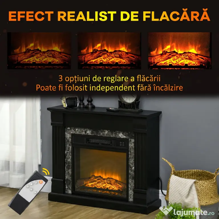 HOMCOM Semineu Electric care se Amplaseaza pe Podea cu Temporizator, Flacara Realista si Temperatura Reglabila, din Metal, ABS si PAL, 80x21.6x67.8 cm, Negru