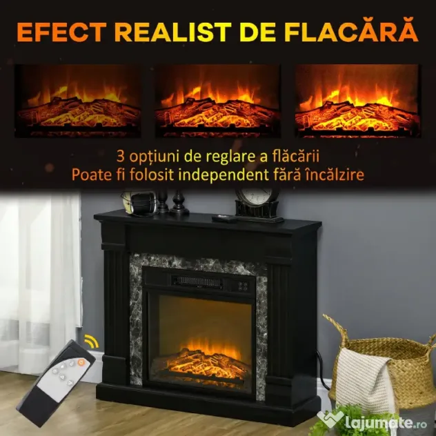 HOMCOM Semineu Electric care se Amplaseaza pe Podea cu Temporizator, Flacara Realista si Temperatura Reglabila, din Metal, ABS si PAL, 80x21.6x67.8 cm, Negru