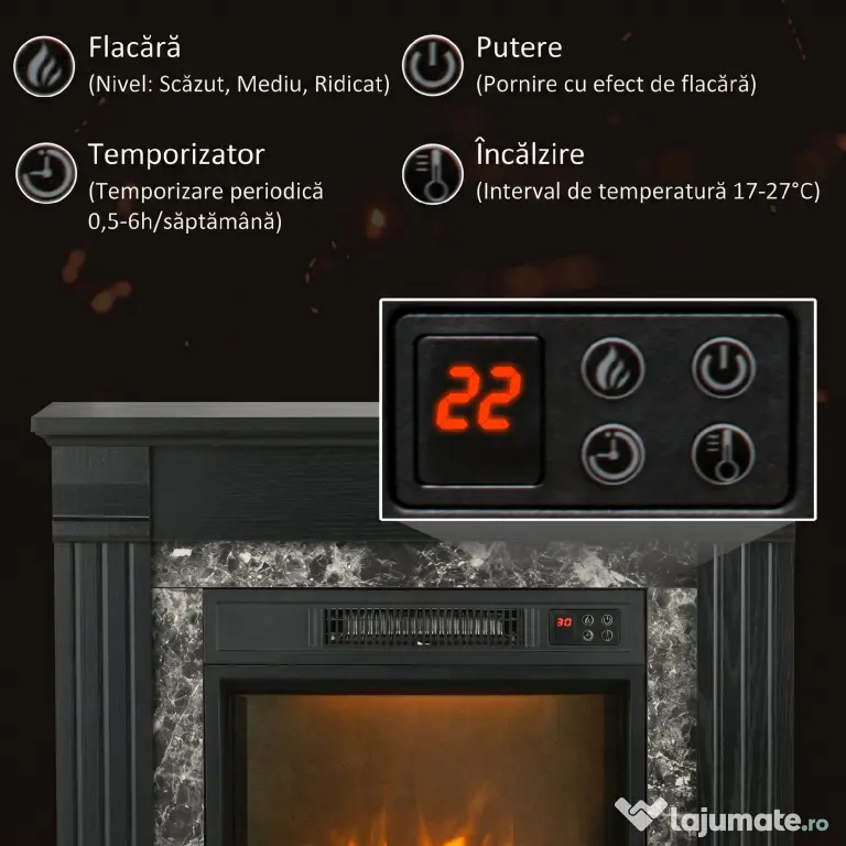 HOMCOM Semineu Electric care se Amplaseaza pe Podea cu Temporizator, Flacara Realista si Temperatura Reglabila, din Metal, ABS si PAL, 80x21.6x67.8 cm, Negru