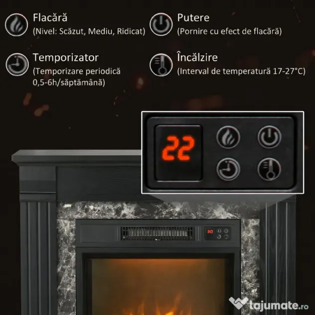 HOMCOM Semineu Electric care se Amplaseaza pe Podea cu Temporizator, Flacara Realista si Temperatura Reglabila, din Metal, ABS si PAL, 80x21.6x67.8 cm, Negru