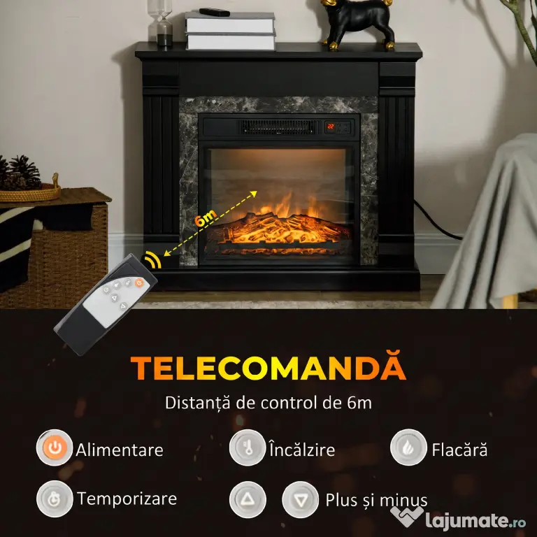 HOMCOM Semineu Electric care se Amplaseaza pe Podea cu Temporizator, Flacara Realista si Temperatura Reglabila, din Metal, ABS si PAL, 80x21.6x67.8 cm, Negru