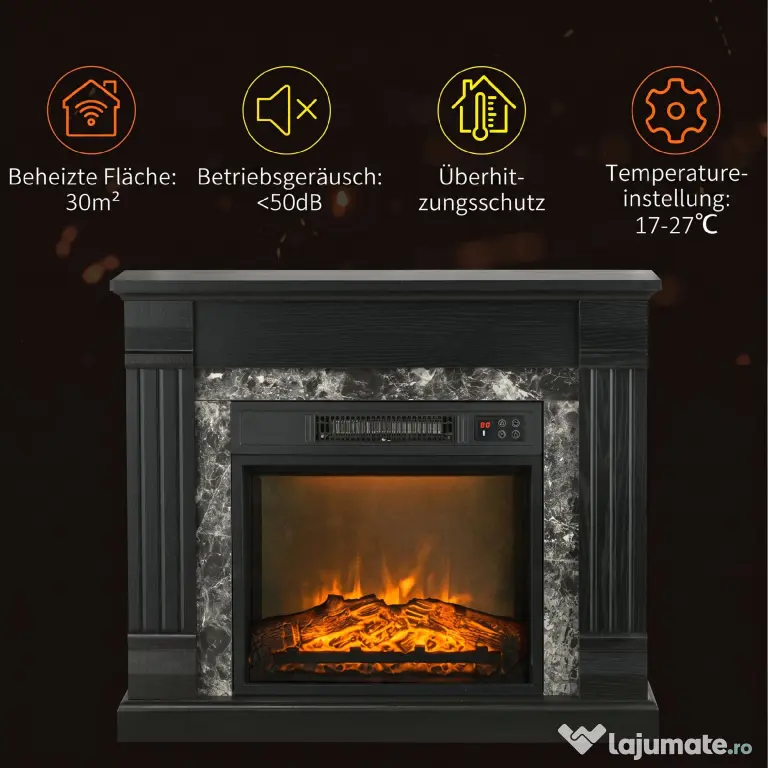 HOMCOM Semineu Electric care se Amplaseaza pe Podea cu Temporizator, Flacara Realista si Temperatura Reglabila, din Metal, ABS si PAL, 80x21.6x67.8 cm, Negru