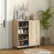 HOMCOM Dulap pentru Pantofi pe 4 Niveluri din PAL și Oțel cu Ușă Glisantă și Rafturi Reglabile, 80x40x93 cm, Lemn Natural | Aosom Romania 
