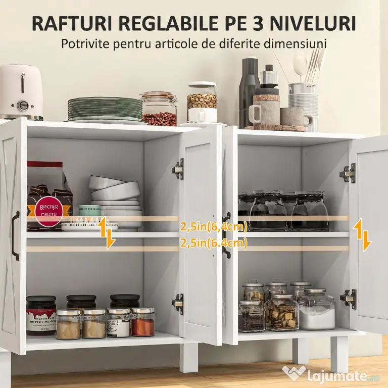 Dulap multifuncțional MDF cu 4 nivele cu 2 rafturi reglabile pentru sufragerie, bucătărie și intrare, 120x37x75 cm, alb HOMCOM | Aosom Romania