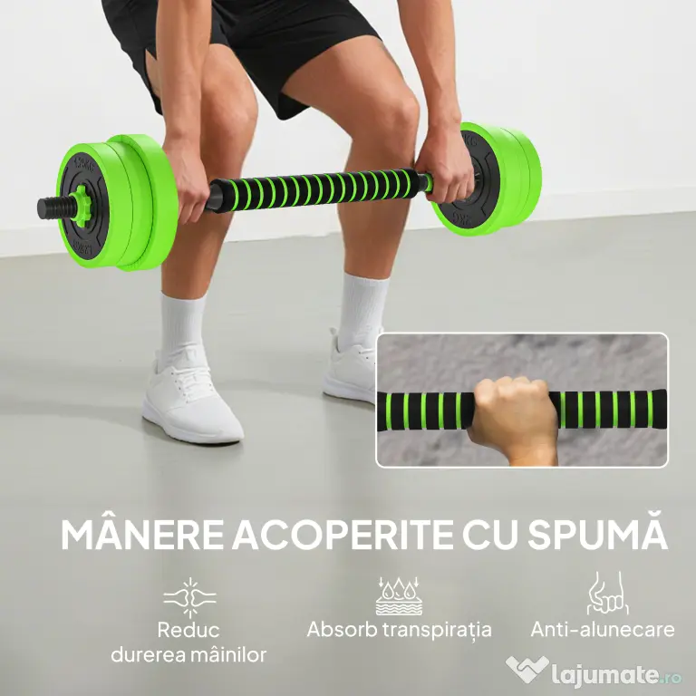 SPORTNOW Set Greutăți Sala de Sport 4 în 1 de 20kg, Convertibil în Kettlebell, 2 Gantere, Bară de Haltere și Suport pentru Flotări, Verde | Aosom Romania