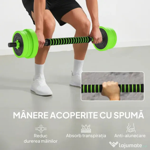 SPORTNOW Set Greutăți Sala de Sport 4 în 1 de 20kg, Convertibil în Kettlebell, 2 Gantere, Bară de Haltere și Suport pentru Flotări, Verde | Aosom Romania