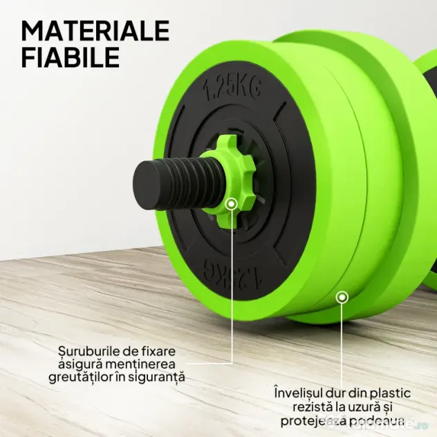 SPORTNOW Set Greutăți Sala de Sport 4 în 1 de 20kg, Convertibil în Kettlebell, 2 Gantere, Bară de Haltere și Suport pentru Flotări, Verde | Aosom Romania