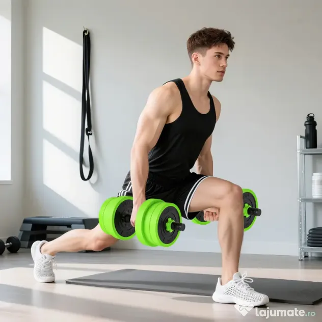 SPORTNOW Set Greutăți Sala de Sport 4 în 1 de 20kg, Convertibil în Kettlebell, 2 Gantere, Bară de Haltere și Suport pentru Flotări, Verde | Aosom Romania