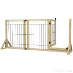 PawHut Poartă pentru Câini Extensibilă cu Ușă și 2 Panouri, Baze Triunghiulare, 112-159x70 cm, Lemn Natural
