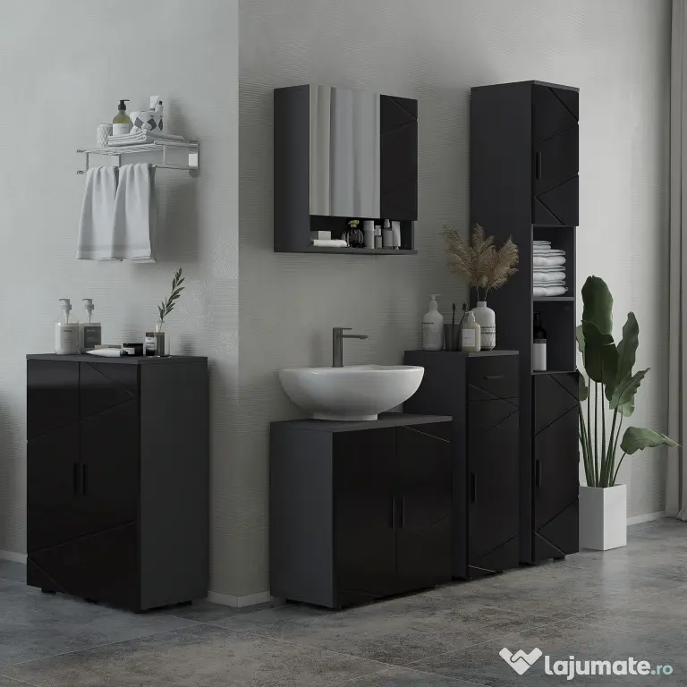 Dulap Baie, Inalt de 183cm cu 2 rafturi deschise si doua dulapuri cu 2 nivele, 30x30x183cm, Negru kleankin | Aosom Romania