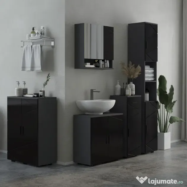 Dulap Baie, Inalt de 183cm cu 2 rafturi deschise si doua dulapuri cu 2 nivele, 30x30x183cm, Negru kleankin | Aosom Romania