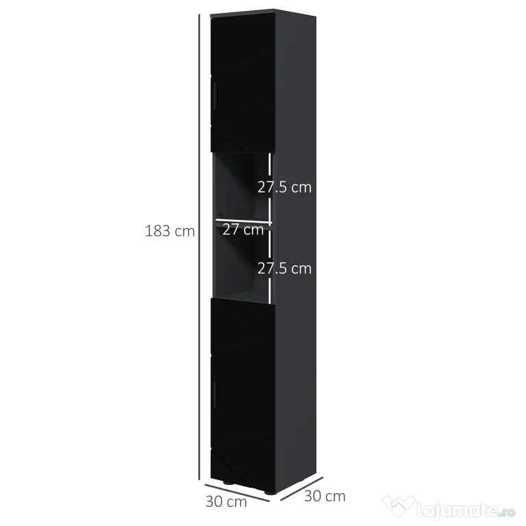 Dulap Baie, Inalt de 183cm cu 2 rafturi deschise si doua dulapuri cu 2 nivele, 30x30x183cm, Negru kleankin | Aosom Romania