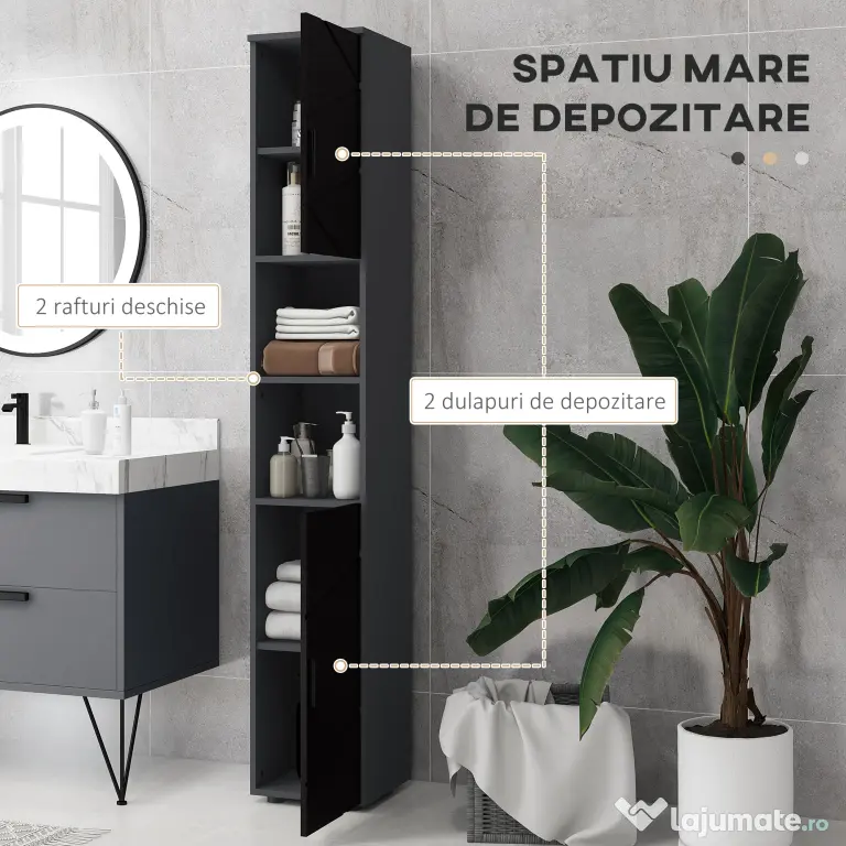 Dulap Baie, Inalt de 183cm cu 2 rafturi deschise si doua dulapuri cu 2 nivele, 30x30x183cm, Negru kleankin | Aosom Romania
