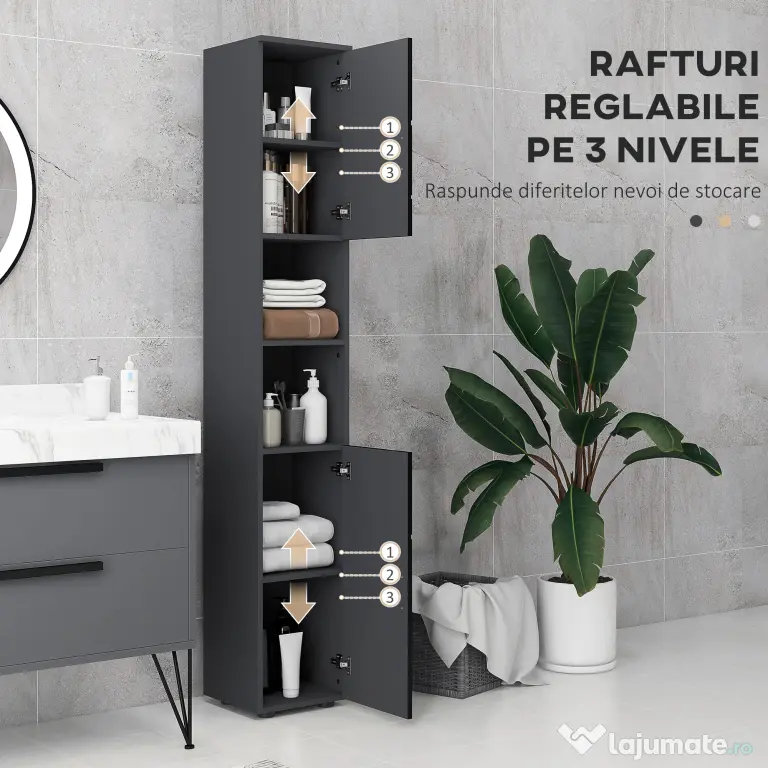 Dulap Baie, Inalt de 183cm cu 2 rafturi deschise si doua dulapuri cu 2 nivele, 30x30x183cm, Negru kleankin | Aosom Romania