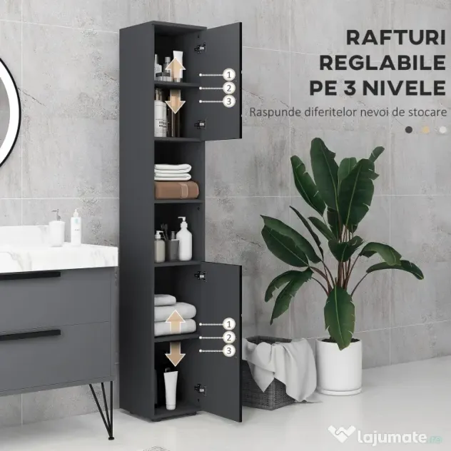 Dulap Baie, Inalt de 183cm cu 2 rafturi deschise si doua dulapuri cu 2 nivele, 30x30x183cm, Negru kleankin | Aosom Romania