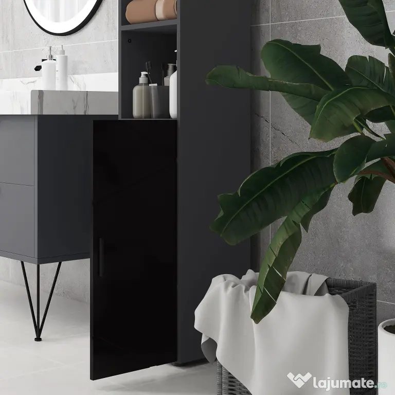 Dulap Baie, Inalt de 183cm cu 2 rafturi deschise si doua dulapuri cu 2 nivele, 30x30x183cm, Negru kleankin | Aosom Romania