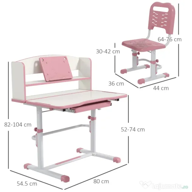 Set Birou si Scaun pentru Copii Reglabil in Inaltime cu Sertar, Raft pentru Carti, pentru 6-12 ani - Roz ZONEKIZ | Aosom Romania