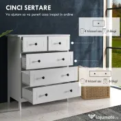 HOMCOM Comoda cu Sertare, Unitate de Organizare si Depozitare cu 5 Sertare, cu Manere, pentru Dormitor, Camera de Zi, Alb 