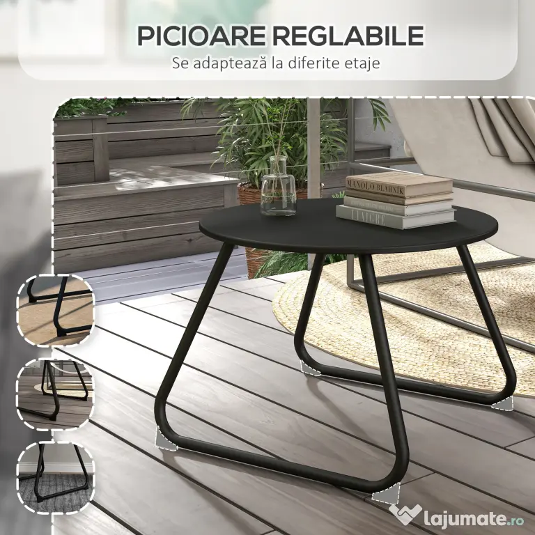 Outsunny Măsuță Rotundă pentru Terasă 48cm, Măsuță Laterală de Exterior cu Cadru Metalic, Negru | Aosom Romania