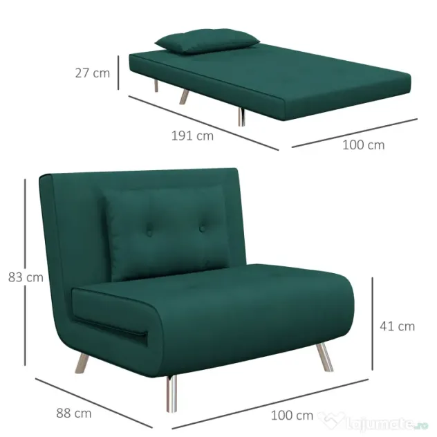 HOMCOM Fotoliu Pat Convertibil 3 în 1, Rabatabil, Tapiterie Catifea, Pernă Inclusă, 100x88x83cm, Verde Închis | Aosom Romania