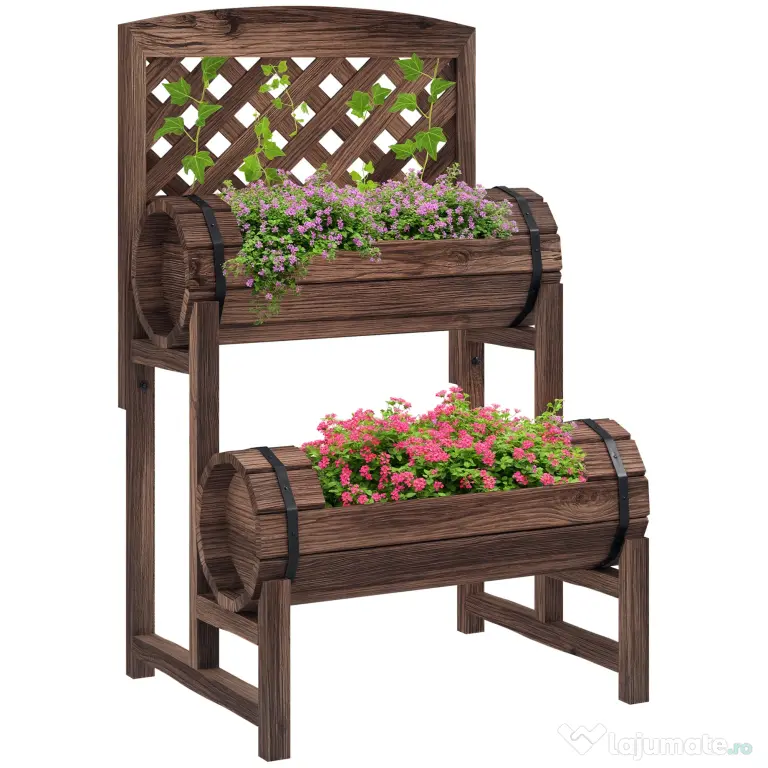 Outsunny Strat de Gradină Înălțat cu Grilaj pe 2 Nivele, Jardinieră din Lemn cu Picioare și Orificii de Scurgere | Aosom Romania