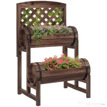 Outsunny Strat de Gradină Înălțat cu Grilaj pe 2 Nivele, Jardinieră din Lemn cu Picioare și Orificii de Scurgere | Aosom Romania