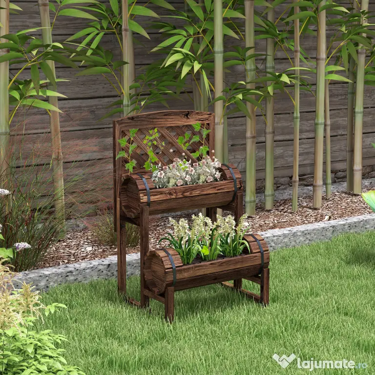 Outsunny Strat de Gradină Înălțat cu Grilaj pe 2 Nivele, Jardinieră din Lemn cu Picioare și Orificii de Scurgere | Aosom Romania