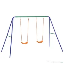 Outsunny Set de leagan pentru copii, Cadru metalic de leagan pentru exterior cu scaune duble de leagan, tarusi de sol
