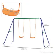 Outsunny Set de leagan pentru copii, Cadru metalic de leagan pentru exterior cu scaune duble de leagan, tarusi de sol 