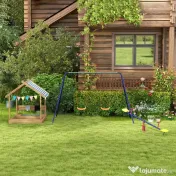 Outsunny Set de leagan pentru copii, Cadru metalic de leagan pentru exterior cu scaune duble de leagan, tarusi de sol 
