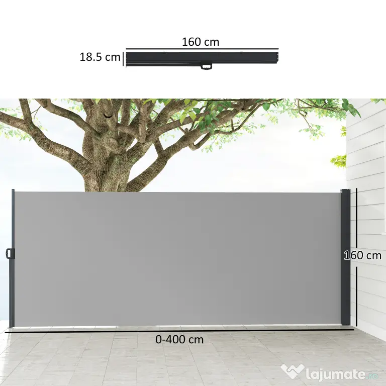Outsunny Paravan Lateral Retractabil cu Mâner, UV30+, 400x160 cm, Gri Deschis | Aosom Romania