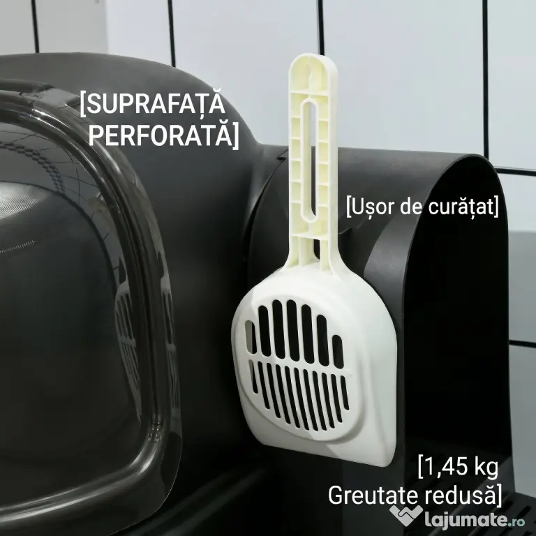 PawHut Litieră pentru Pisici cu Capac, Tavă Detașabilă și Capac Rabatabil și Lopățică Inclusă, 52x60x42 cm, Gri Închis | Aosom Romania