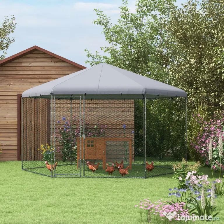 PawHut Cotet Exterior pentru Găini, Acces Ușor, Galvanizat, Acoperiș, pentru 10-15 Păsări, 4x3.5x2.6 m, Argintiu | Aosom Romania