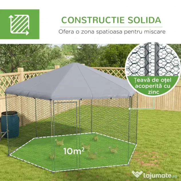 PawHut Cotet Exterior pentru Găini, Acces Ușor, Galvanizat, Acoperiș, pentru 10-15 Păsări, 4x3.5x2.6 m, Argintiu | Aosom Romania