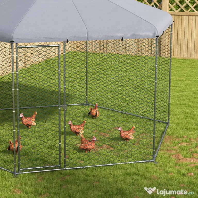 PawHut Cotet Exterior pentru Găini, Acces Ușor, Galvanizat, Acoperiș, pentru 10-15 Păsări, 4x3.5x2.6 m, Argintiu | Aosom Romania