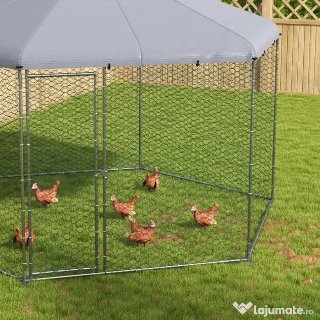 PawHut Cotet Exterior pentru Găini, Acces Ușor, Galvanizat, Acoperiș, pentru 10-15 Păsări, 4x3.5x2.6 m, Argintiu | Aosom Romania